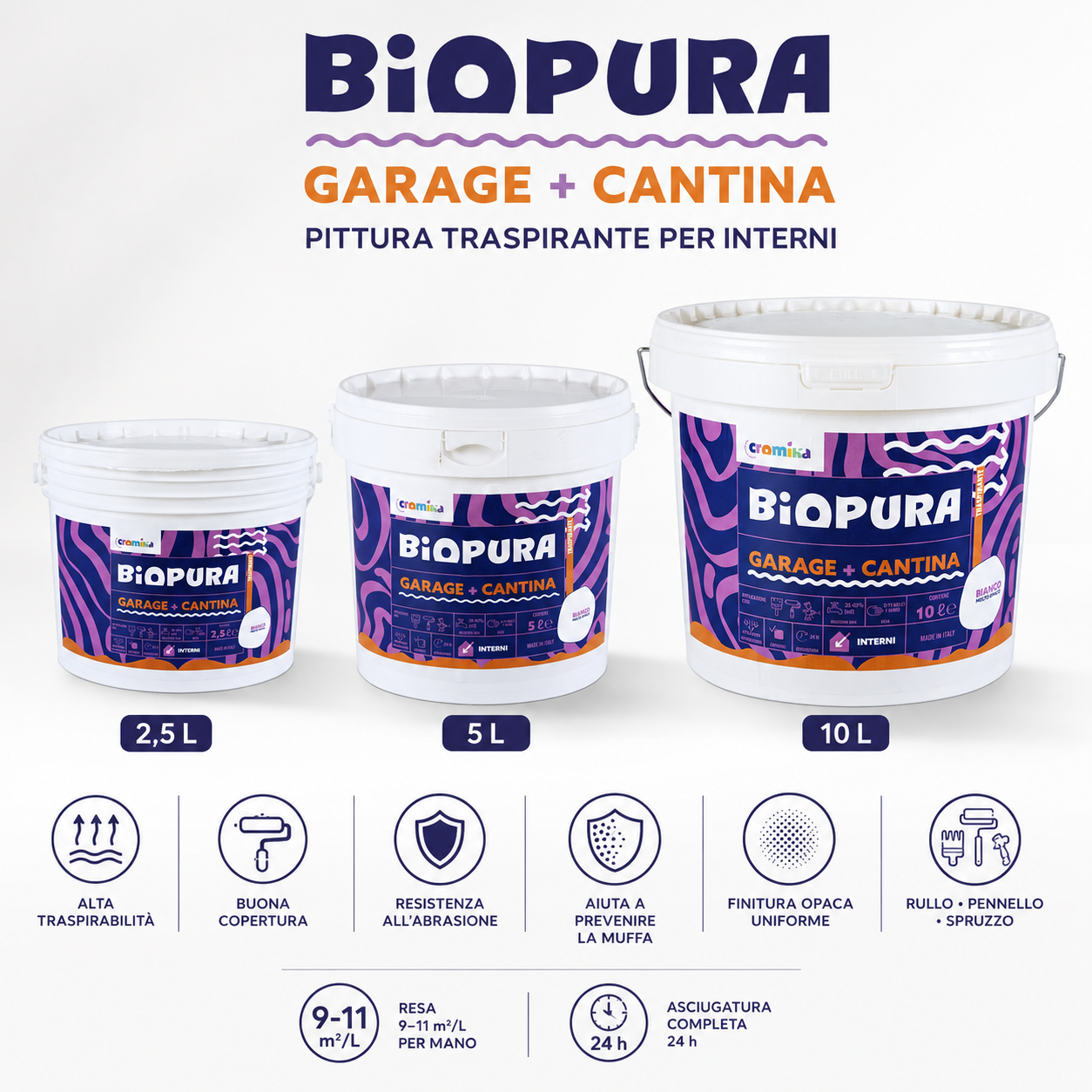 Cromika BIOPURA Garage + Cantina pittura traspirante per interni, idropittura bianca opaca per garage, cantine e locali tecnici, disponibile in 2,5 L, 5 L e 10 L con alta traspirabilità, buona copertura e resa 9-11 m²/L.
